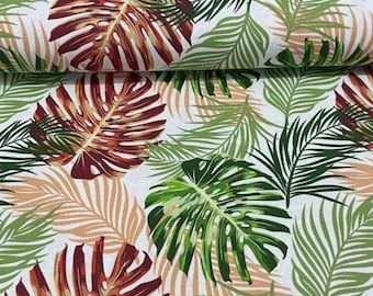 Monstera Cotton Canvas Fabric, Tropical Hawaiian Print, Outdoor Upholstery
