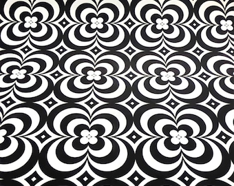 Midcentury Modern Floral Fabric, Geometric Black and White Upholstery, By The Yard