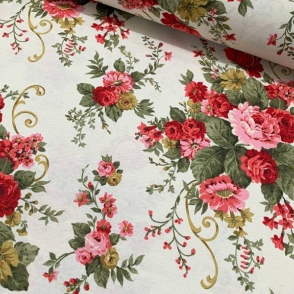 Red Roses Shabby Chic Fabric, Cottage Upholstery Fabric by Yard, Farmhouse Fabric for Curtain Pillow Chair, Retro Floral Fabric