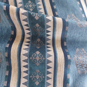 Blue Beige Silver Gray Southwestern Aztec Geometric Chenille Heavy Upholstery Fabric by The Yard for Chair Couch Cushion Ottoman Pillow