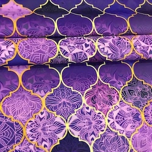 Moroccan Upholstery Fabric, Quatrefoil Pattern Fabric, Purple Geometric Fabric By The Yard, Trellis Fabric, Mosaic Tile Fabric