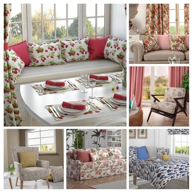 May include: A collage of images showcasing various home decor items featuring floral and patterned designs. The images include a window seat with floral cushions, a dining table with floral placemats, a sofa with floral upholstery, a chair with floral fabric, and a bed with a floral bedspread.