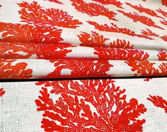 Coral Reef Print Fabric, Nautical Linen Look Upholstery Fabric
