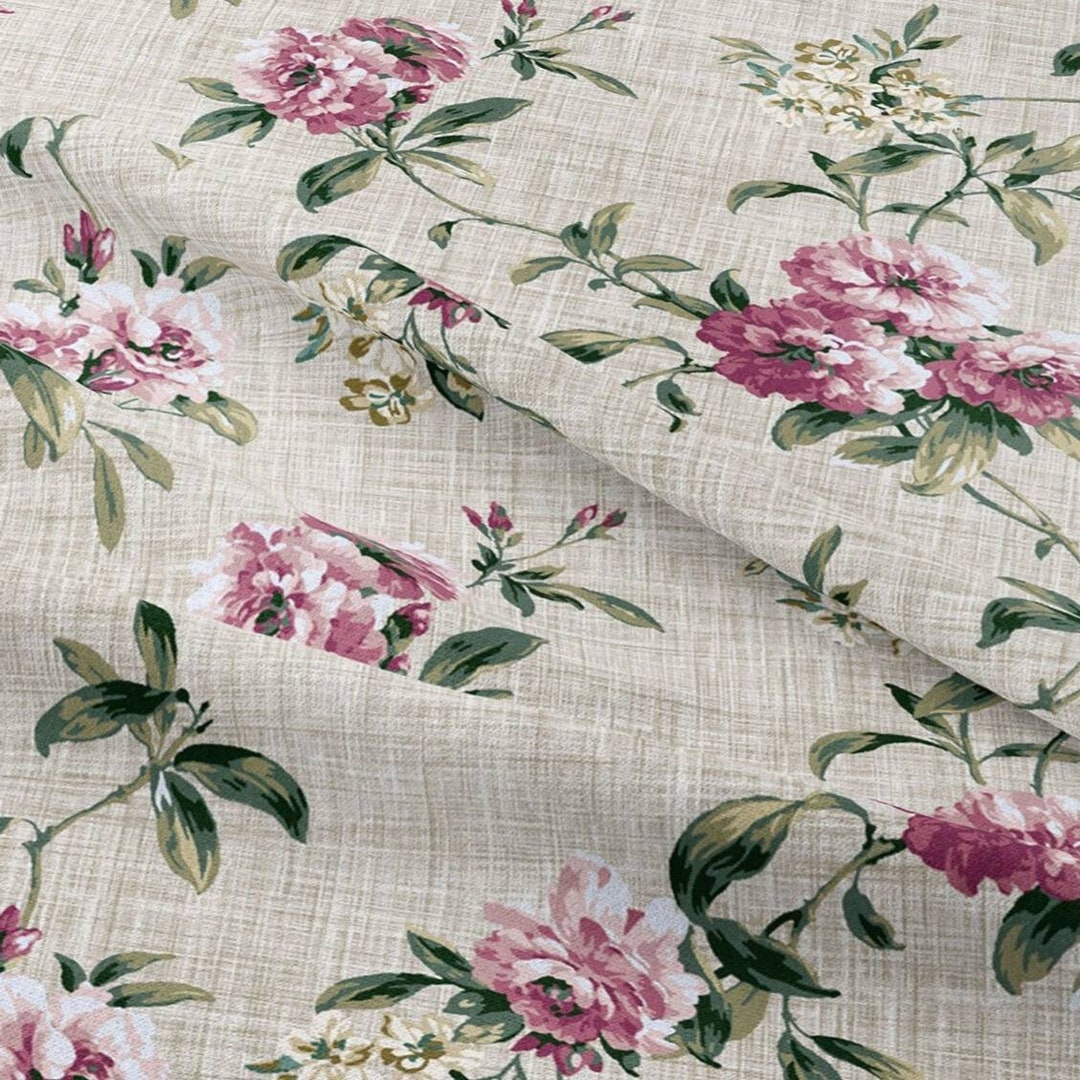 Floral Roses Farmhouse Upholstery Fabric by the Yard, Linen Look ...