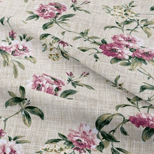 Floral Roses Farmhouse Upholstery Fabric by The Yard, Linen Look Country Cottage Boho Fabric, Digital Printed Shabby Chic Fabric