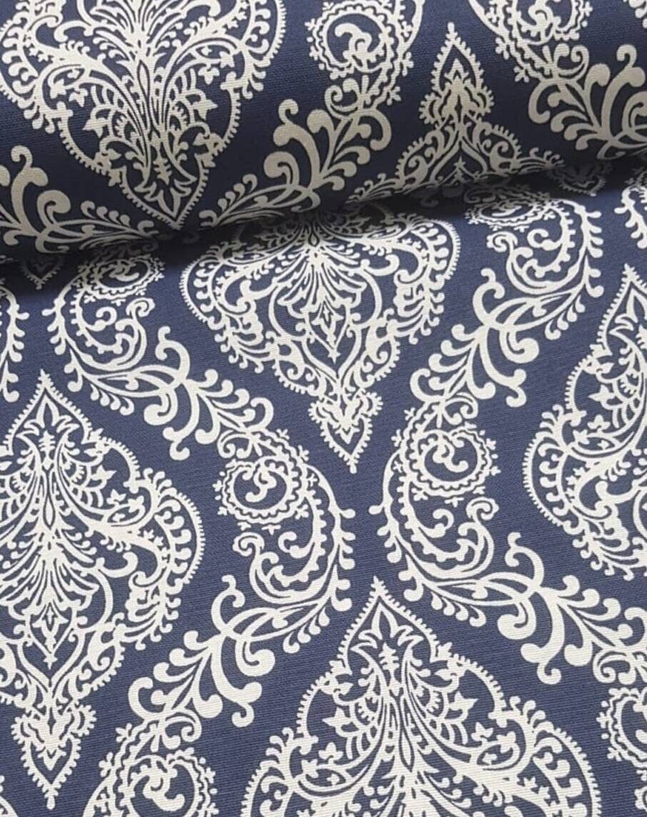 Navy Blue Damask Fabric by the Yard Cotton Canvas Upholstery Etsy