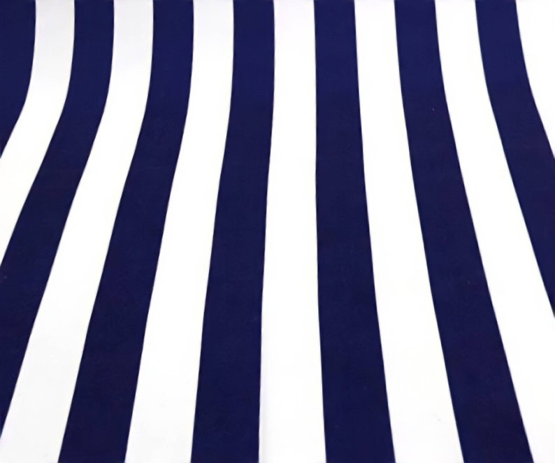 May include: A fabric with alternating navy blue and white stripes. The stripes are vertical and run the length of the fabric.