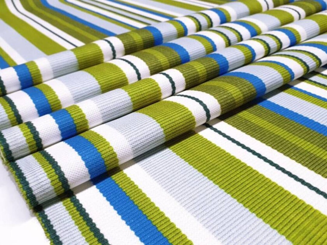 Blue and Green Striped Upholstery Fabric by Yard Linen Look Etsy
