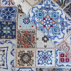 Portuguese Tiles Upholstery Fabric By Yard, Majolica Pattern Water Repellent Fabric, Mosaic Ceramic Tiles Fabric for Chair Curtain Pillow