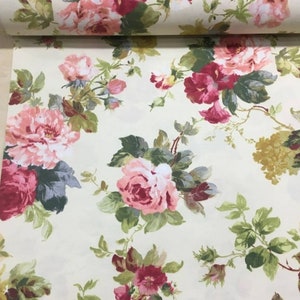 Farmhouse Cottage Floral Fabric, Roses Upholstery Fabric by Yard, Shabby Chic Fabric for Home Decor, Watercolor Flowers Fabric
