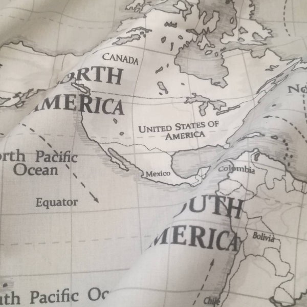 Tissu en coton carte du monde, tissu globe par mètre, tissu en popeline extra large de 94 po.
