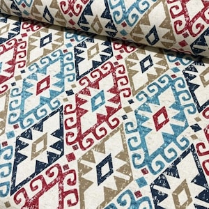Colorful Aztec Navajo Kilim Pattern  Upholstery Fabric by Yard, Distressed Look Boho Geometric Print Canvas Fabric for Chair Curtain Pillow