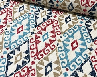 Aztec Navajo Kilim Upholstery Fabric, Distressed Boho Geometric Print, 70" Wide