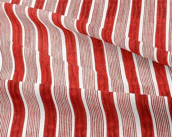 Red White Ticking Stripe Upholstery Fabric, Watercolor Style, 100% Microfiber, By The Yard
