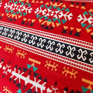 Tribal Ethnic Rug Pattern Geometric Heavy Chenille Boho Upholstery Fabric by Yard, Red Black White Woven Chair Bench Cushion Ottoman Fabric