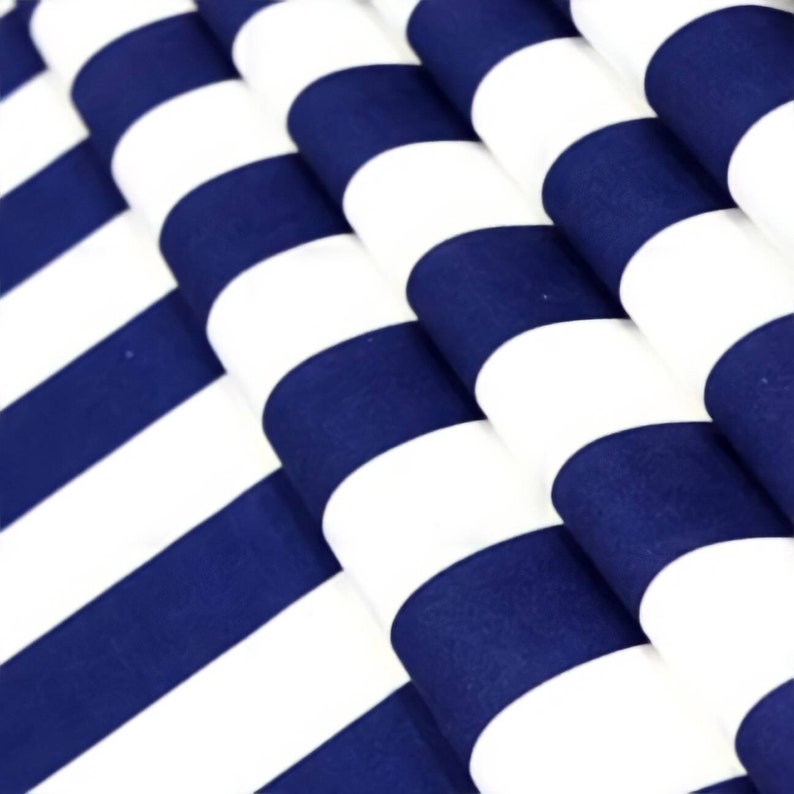 May include: Close-up of a blue and white striped fabric. The fabric is folded and the stripes are horizontal.