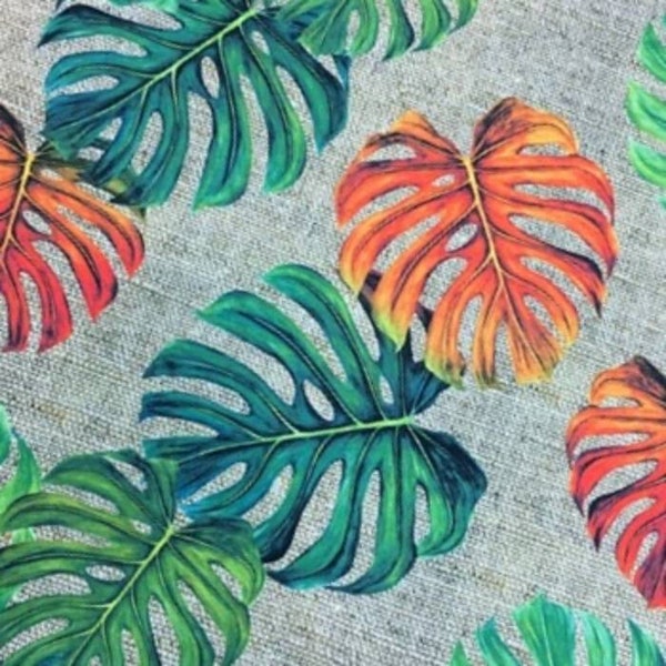 Monstera Leaf Fabric, Upholstery Fabric By The Yard, Jute Look Botanical Tropical Fabric for Chair Couch Curtain, Burlap Look Boho Fabric