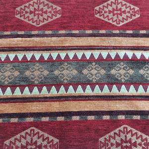 Azteken Navajo Schwerer Chenille Polsterstoff Meterware, Teppich Muster Geometrischer Stoff, Rot Gold Braun Couch Kissen Stuhl Stoff