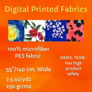 Może przedstawiać: Cyfrowo drukowane tkaniny ze 100% mikrofibry PES na pomarańczowym tle. Cztery wzory: wirujący ż&oacute;łto-niebieski design, czerwone kwiaty, białe kwiaty na niebieskim tle oraz r&oacute;żowy wz&oacute;r w panterkę. Szerokość 140 cm, 250 gr/m2.