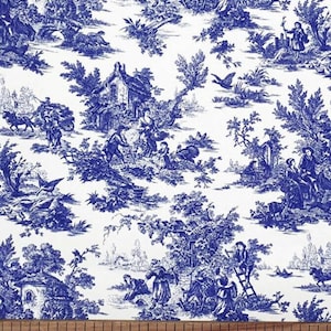May include: Blue and white toile fabric with a repeating pattern of a French countryside scene. The pattern includes houses, trees, people, and animals. The fabric is 40 inches wide.