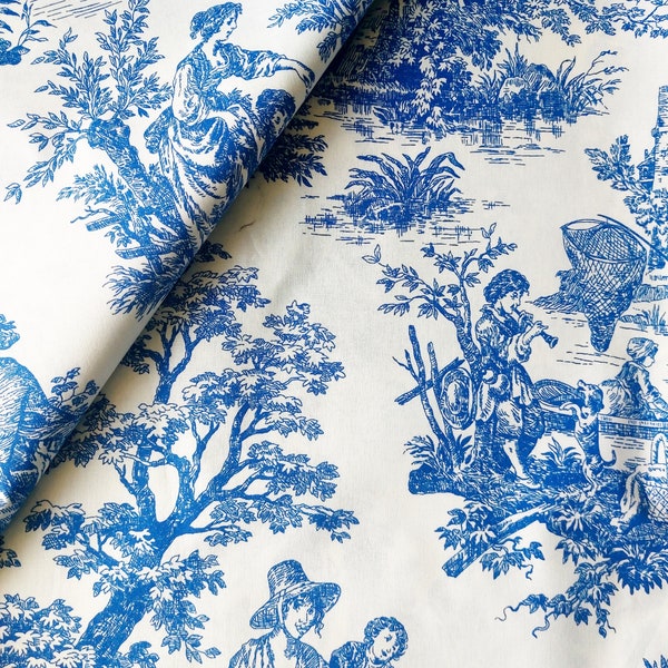 Blue Toile de Jouy Pattern French Pastoral Cotton Poplin Fabric by Yard, 240 cm/94" Extra Wide Dressmaking Quilting Shirting Bedding Fabric