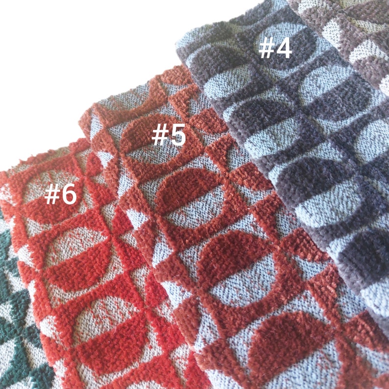 May include: Four fabric swatches with a geometric pattern of circles and squares. The swatches are in shades of red, gray, blue, and green. The swatches are labeled #4, #5, #6.