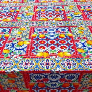 Lemon and Majolica Tiles Fabric, Upholstery Fabric By Yard, Kitchen Fabric for Curtain Tablecloth Pillow, Ceramic Tile Citrus Fruit Fabric