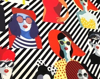 May include: A repeating pattern featuring stylized illustrations of figures wearing various hats and sunglasses against a background of bold black and white diagonal stripes. The figures display diverse hair colors, red lipstick, and colorful clothing.