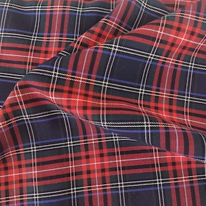 Red & Navy Check Tartan Plaid Cotton Blend Gabardine Dressmaking Skirt Waistcoat Tablecloth Napkin Pillow Fabric