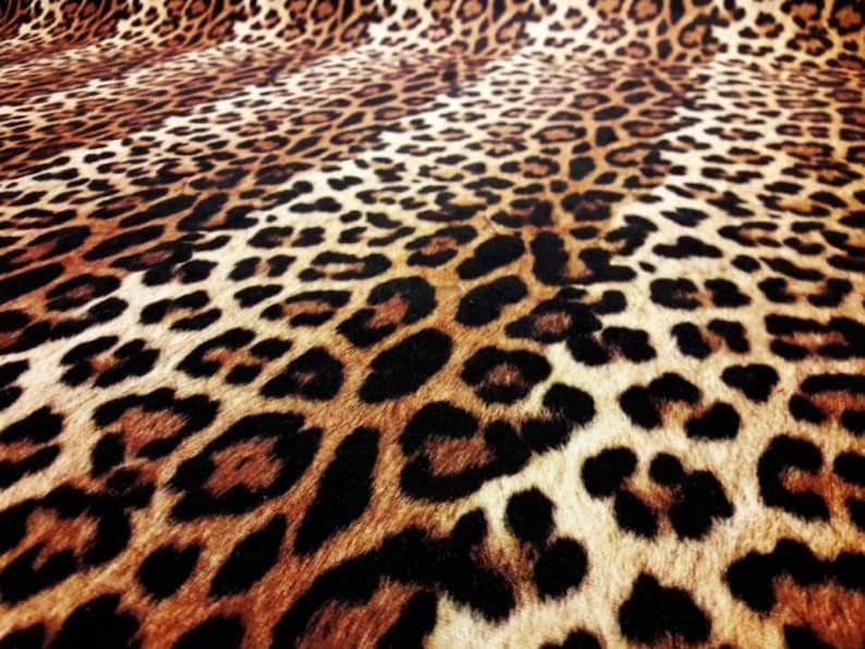 May include: A close-up of a brown, black, and cream leopard print fabric. The fabric has a soft, fuzzy texture.