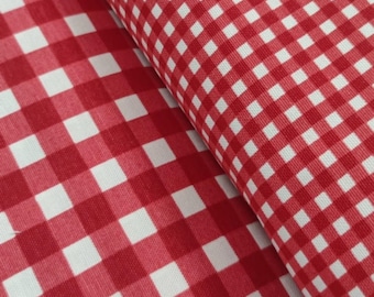 Red and White Gingham Cotton Canvas Fabric, Water Repellent Checkered Material