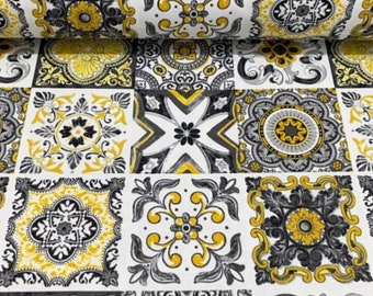 Moroccan Tile Upholstery Fabric, Cotton Canvas, Majolica Print By The Yard