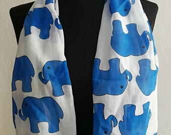 Blue Cotton Elephant Infinity Scarf, Blue and White Elephant Scarf, Blue White Animal Print Loop Scarf, Circle Scarf, Gift for Teens
