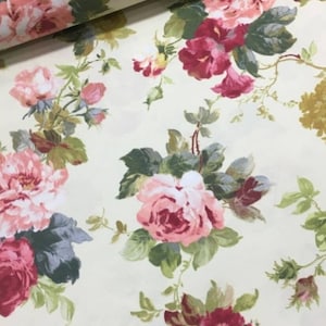 Farmhouse Cottage Floral Fabric, Roses Upholstery Fabric by Yard, Shabby Chic Fabric for Home Decor, Watercolor Flowers Fabric