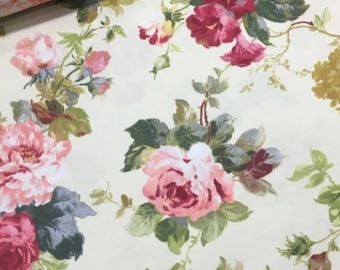 Farmhouse Cottage Floral Fabric, Roses Upholstery Fabric by Yard, Shabby Chic Fabric for Home Decor, Watercolor Flowers Fabric