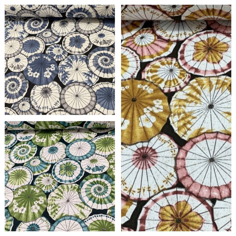 May include: Three fabric swatches with a repeating pattern of colorful umbrellas on a black background. The umbrellas are in shades of blue, green, and pink.