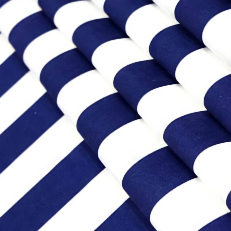 May include: Close-up of a blue and white striped fabric. The fabric is folded and the stripes are horizontal.