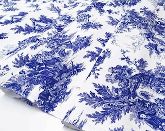 Blue Toile de Jouy Fabric, French Country Upholstery Fabric
