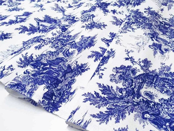 Blue Toile de Jouy Fabric, French Country Upholstery Fabric
