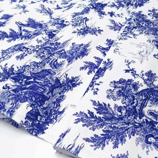 Tissu Toile de Jouy bleu, tissu campagnard français, tissu d'ameublement par mètre pour couvre-lit de canapé-lit, tissu rétro bleu blanc