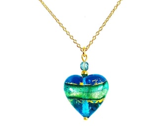 Murano Glass Heart Necklace 'Aqua Mare' by I Love Murano, Murano Glass Heart, Murano Glass Necklace, Glass Heart, Murano Glass Jewelry