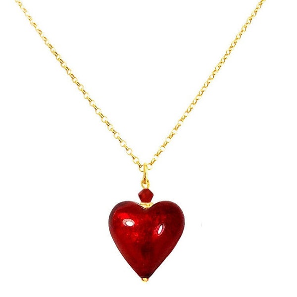 Murano Glass Small Red Heart Necklace on 24K Gold Vermeil Chain by I Love Murano, Murano Glass Heart, Murano Glass Necklace, Murano Jewelry