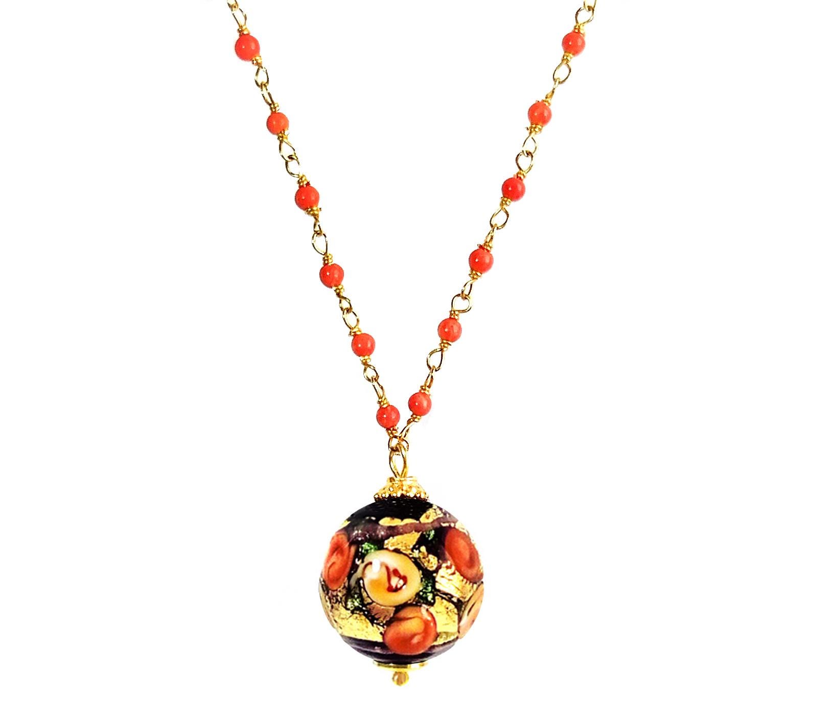 Collier Long Perles De Verre De Murano - Flocons Roses Et Paillettes Dorées