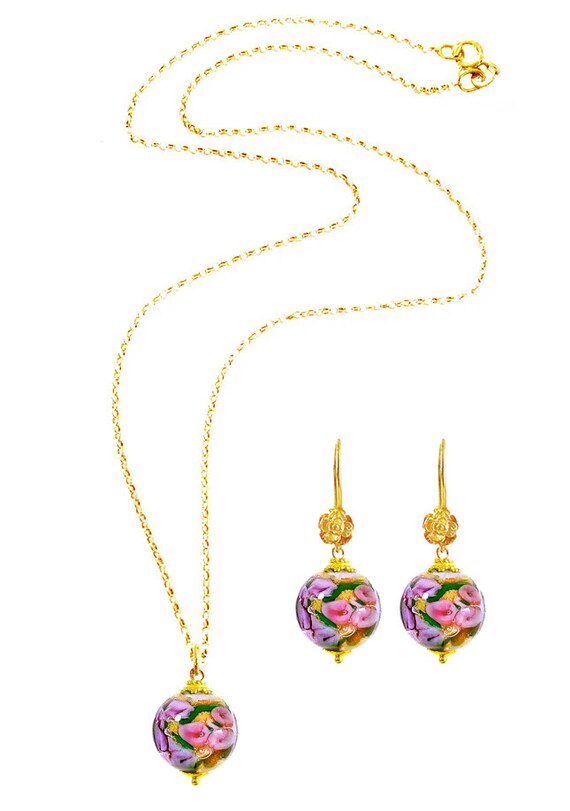 Collier Long Perles Verre De Murano Rose - Grosses Perles Avec Tourbillon Inclusion - Neuf