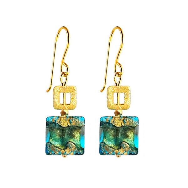Murano Glass Square Bead Earrings 'Quadro di Oro’ by I Love Murano, Murano Glass Earrings, Murano Glass Jewelry, Minimalist Earrings