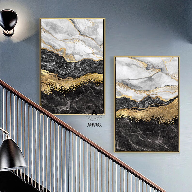 Large Black and Gold Marble Wall Decor on Canvas,Set of 2 Large Gold Giclee Gray Gold Abstract Canvas Print Modern Large Marble Artwork