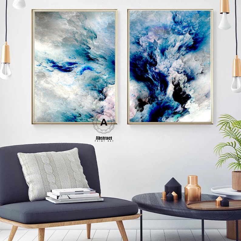 Oversized Blue White Gray wall art Set of 2 Abstract painting Etsy