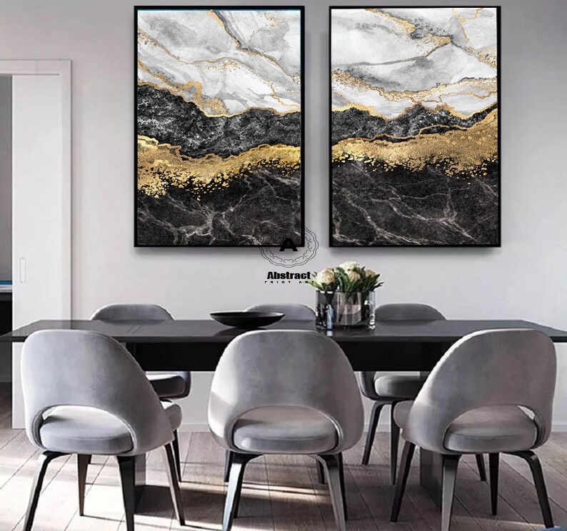 Large Black and Gold Marble Wall Decor on Canvas,Set of 2 Large Gold Giclee Gray Gold Abstract Canvas Print Modern Large Marble Artwork