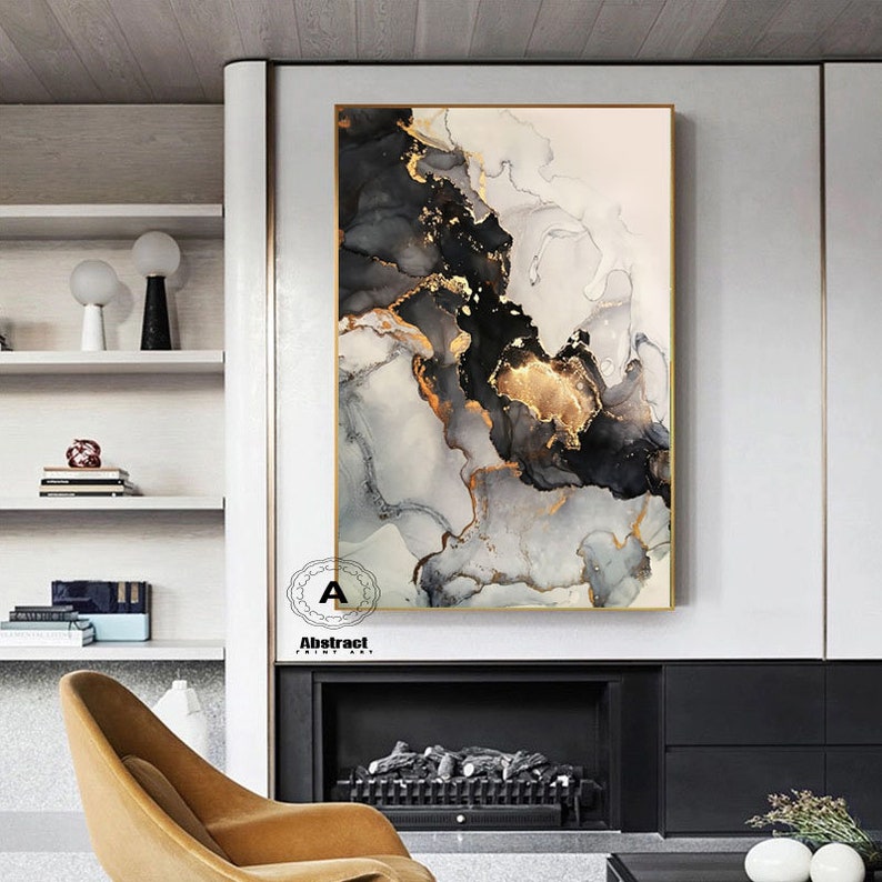 Large Black and Gold Marble Wall Decor on CanvasFramed Large Etsy