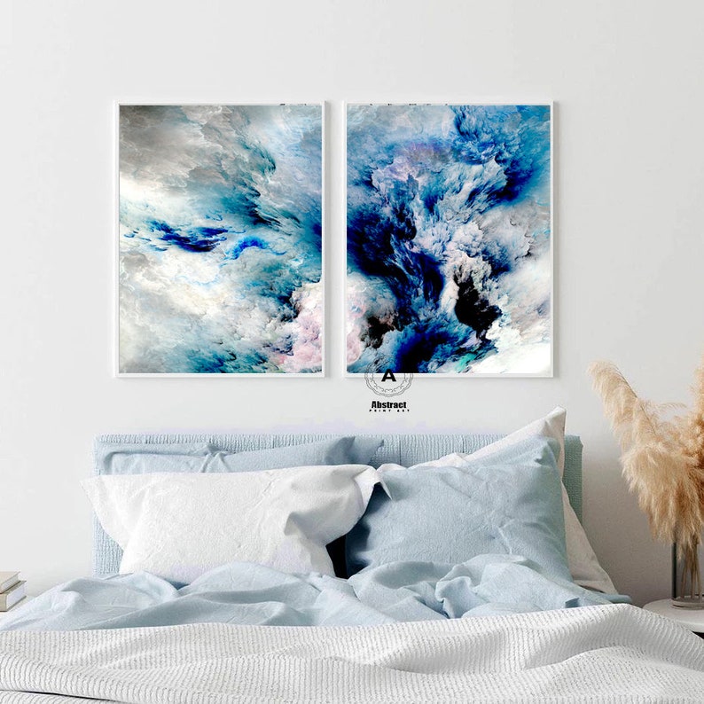 Oversized Blue White Gray wall art Set of 2 Abstract painting Etsy